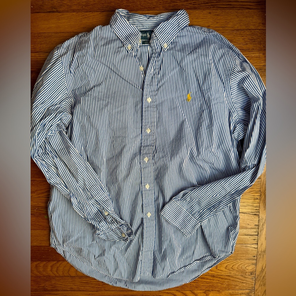 Ralph Lauren Classic Fit Pinstriped Blue and White Men's Shirt - Size Large